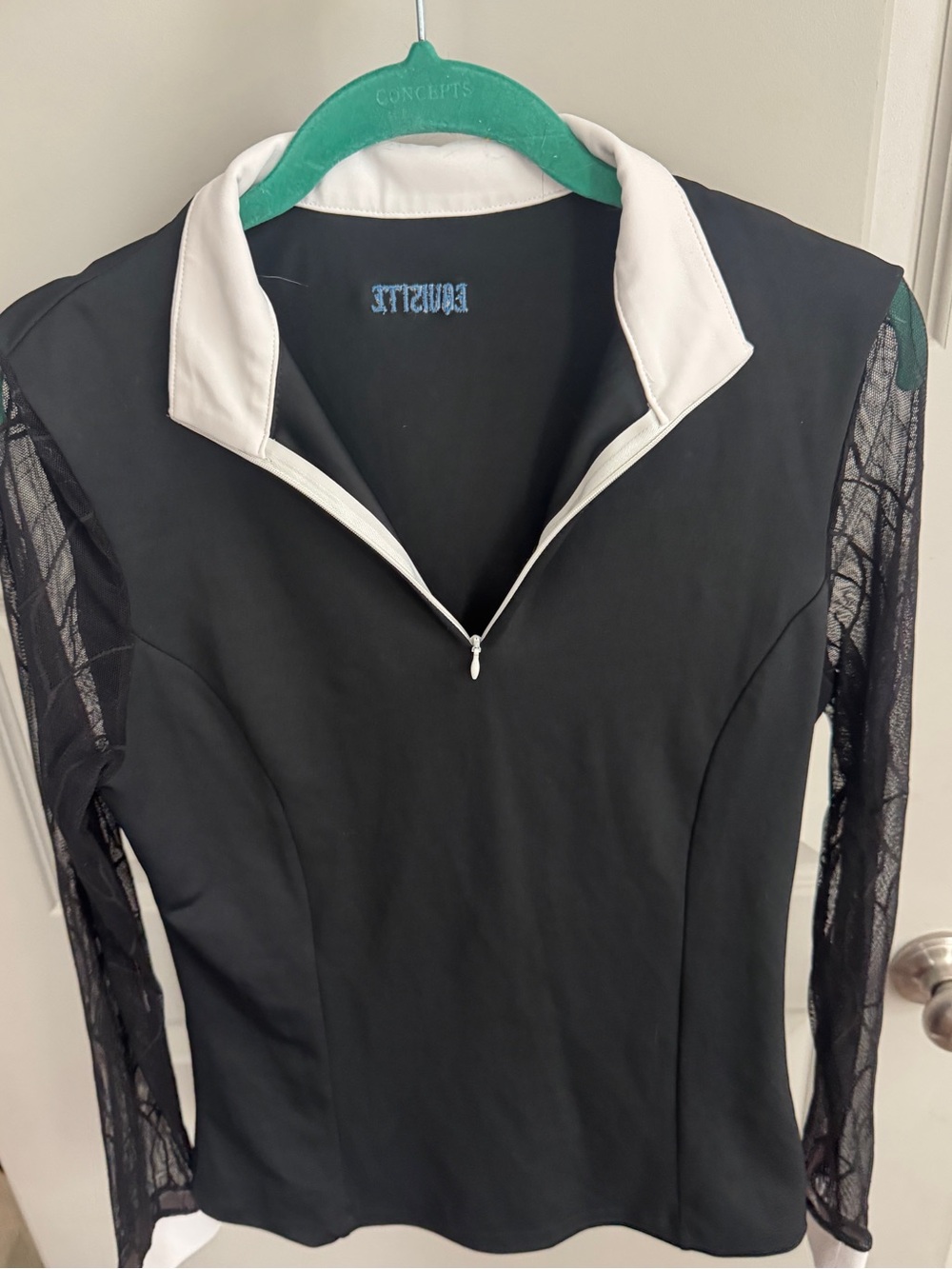 Black Long-Sleeve Top with White Collar - Zip Front, Lace Sleeves